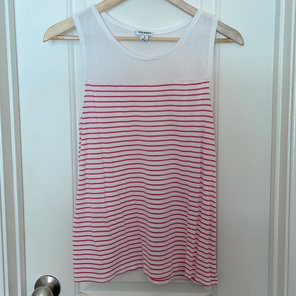Pink and white striped sleeveless tee